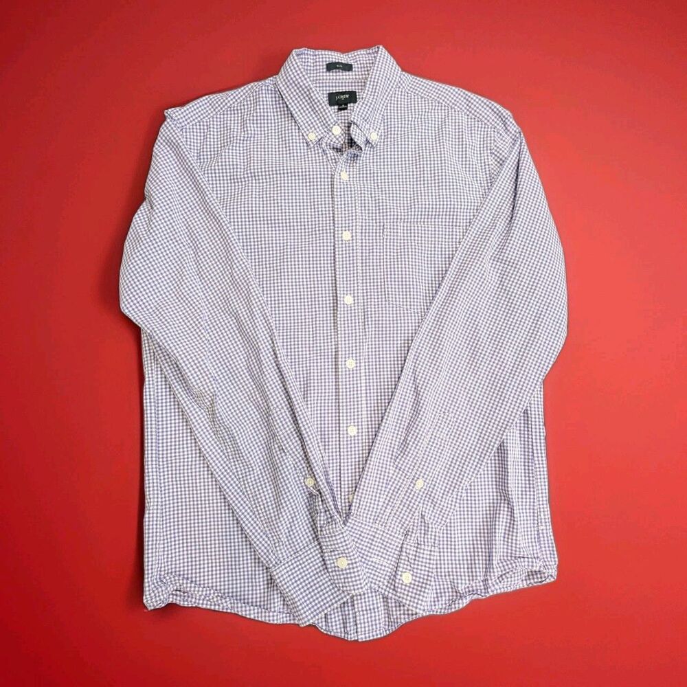 J. Crew Slim Gingham Check Button Up Shirt Long Sleeve Blue White Men's Medium